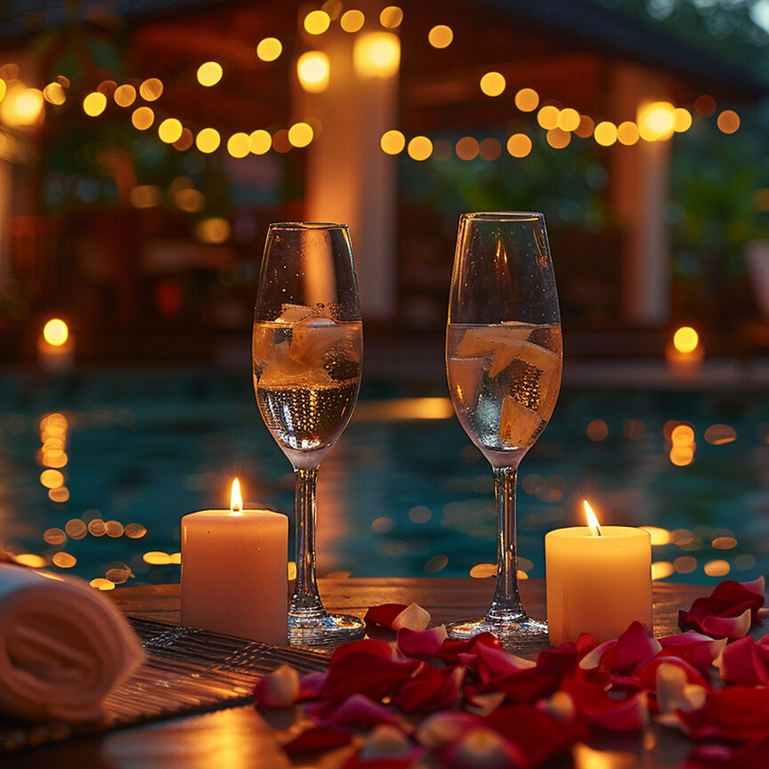 Sektgläser und Kerzen stehen in Rosenblättern auf einem Tisch. Dahinter ist ein Pool mit einer Lichterkette zu erkennen