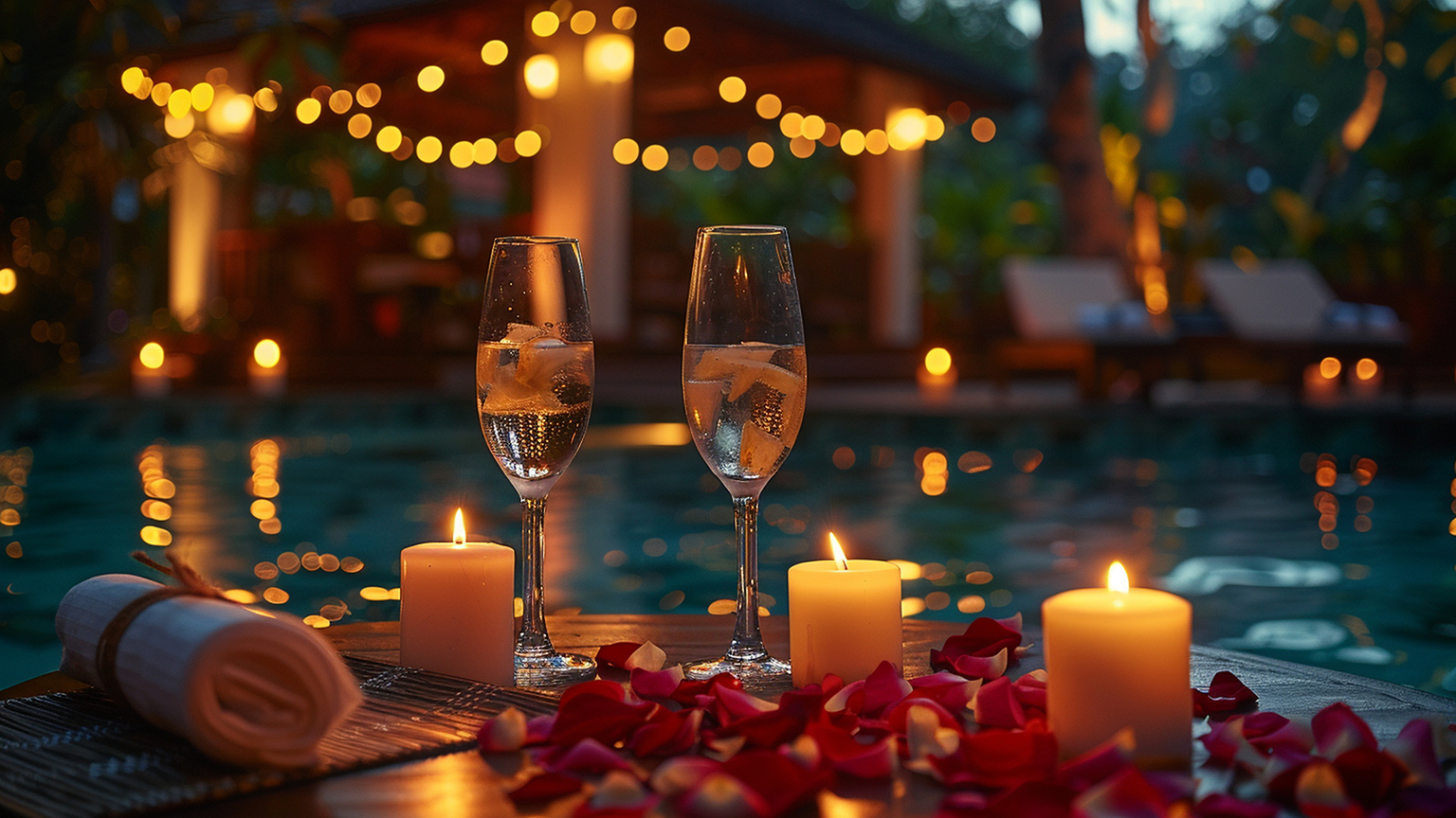 Sektgläser und Kerzen stehen in Rosenblättern auf einem Tisch. Dahinter ist ein Pool mit einer Lichterkette zu erkennen